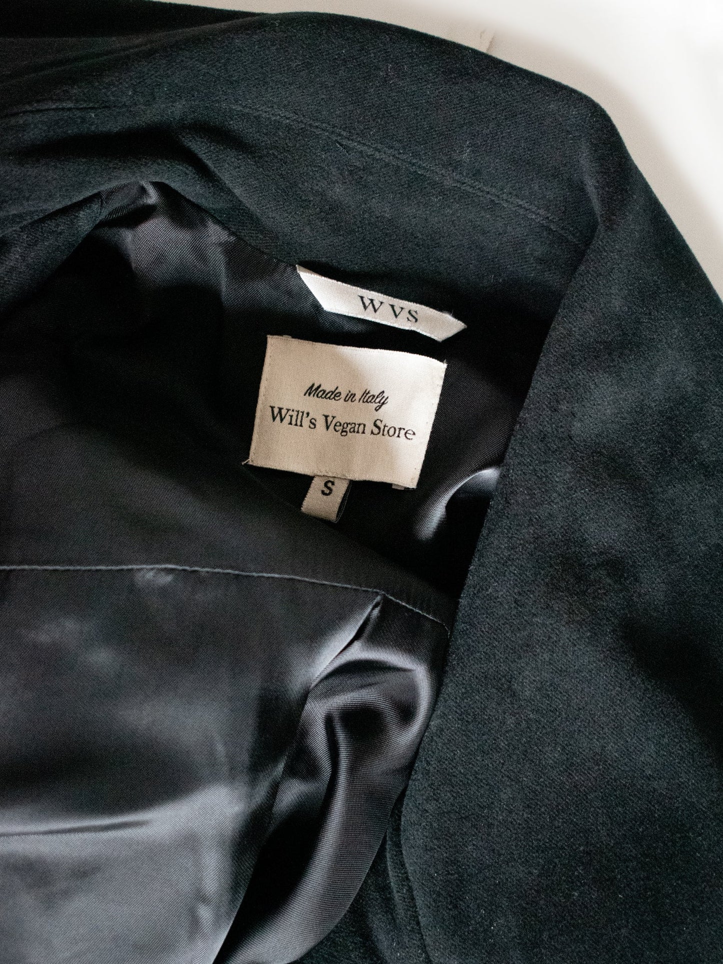 Dark fabric with a visible label from Will's Vegan Store