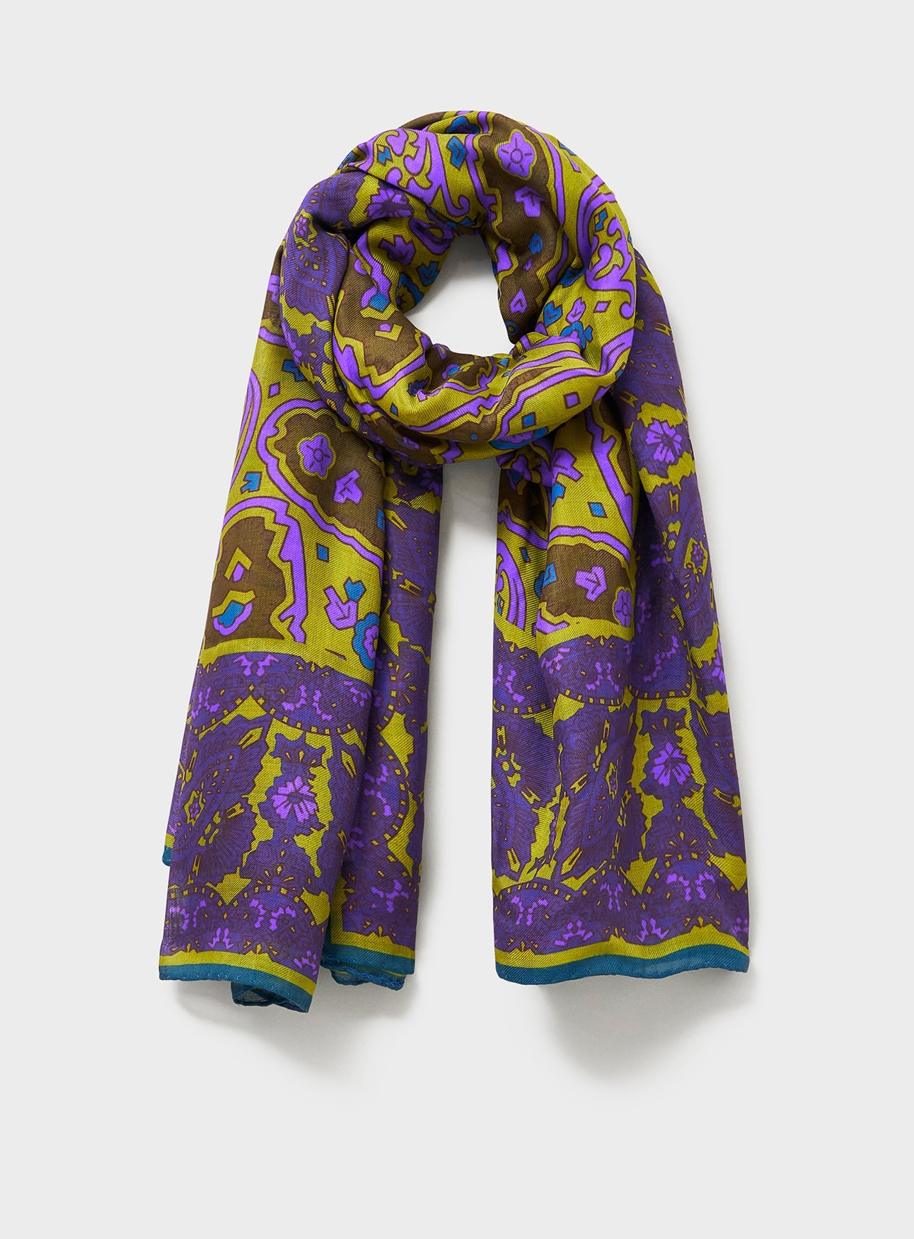 Gold and purple tencel scarf with italian paisley pattern