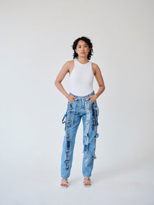  High Waisted Organic & Recycled Denim Trimmed Blue Jeans