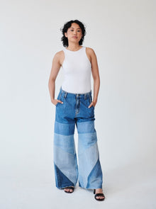  High Waisted Upcycled Oversized Flare Jean, Blue Denim
