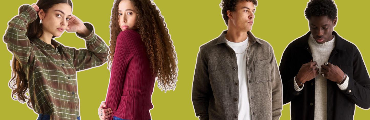 Four people wearing different jackets against a green background