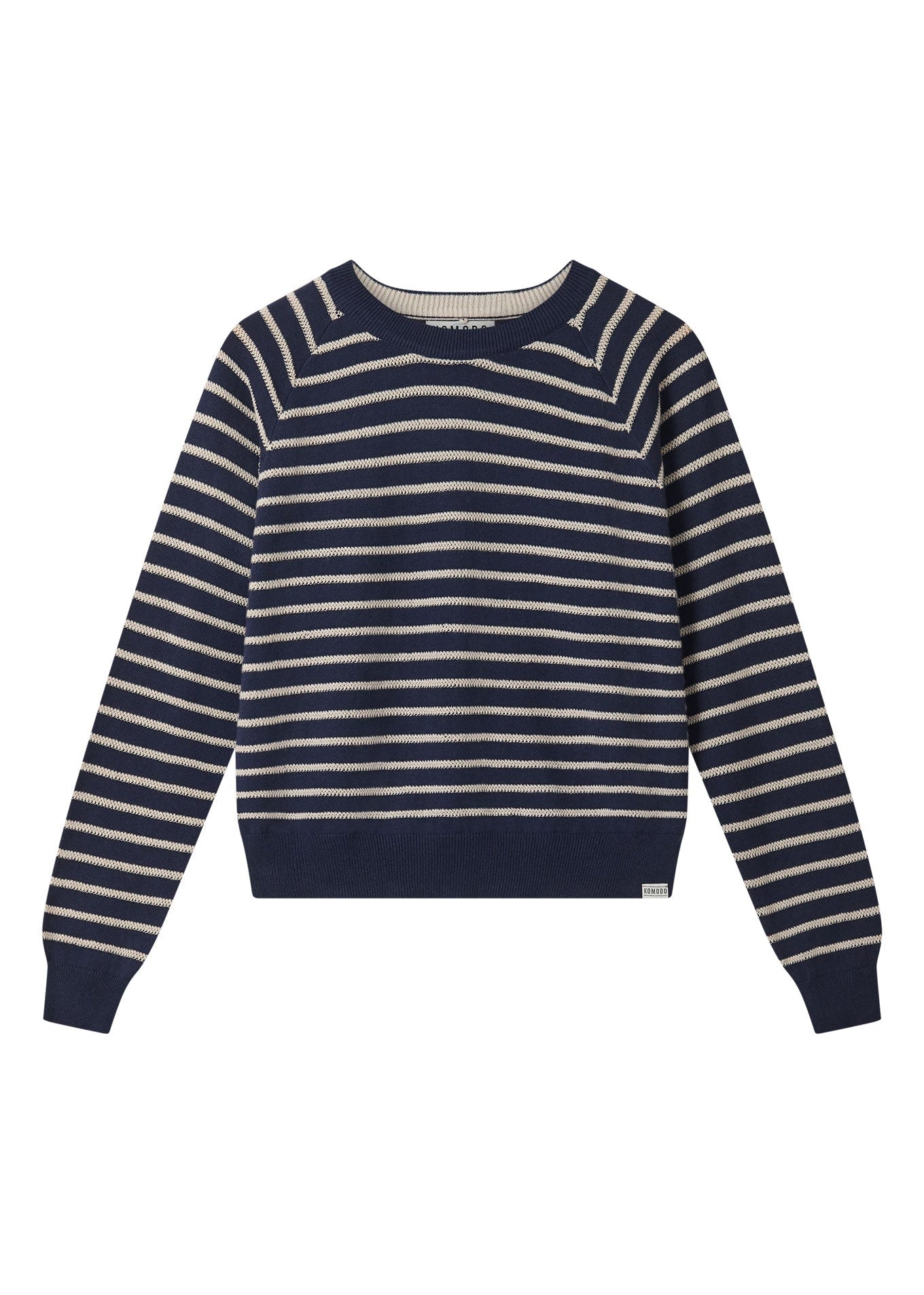 Navy and white striped sweater on a white background