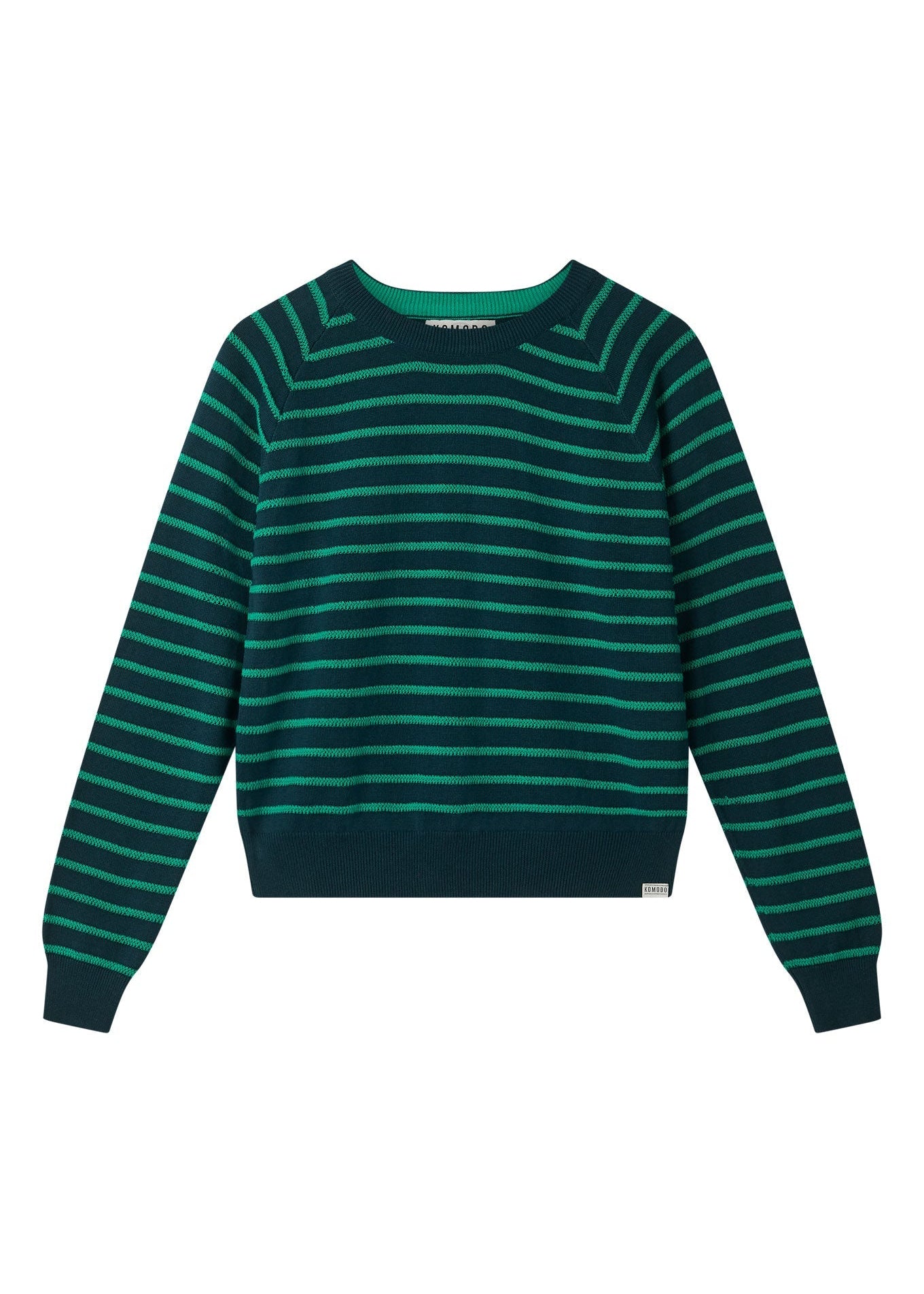 Green and black striped sweater on a white background