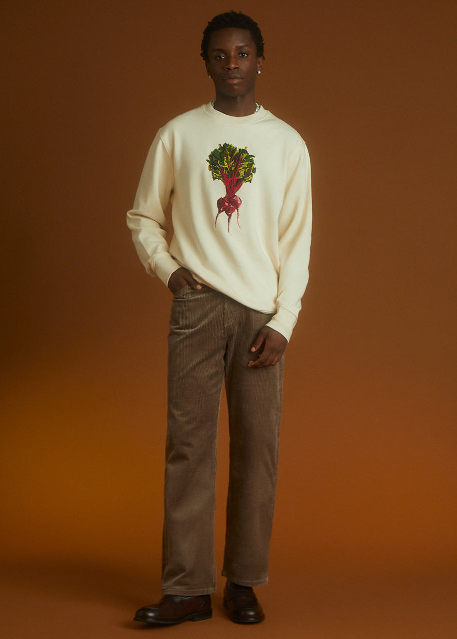 a man wearing a beetroot embroidered sweatshirt