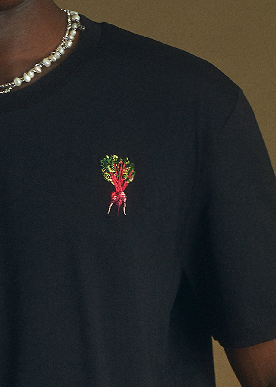 a black t-shirt with a beetroot embroidery on the chest