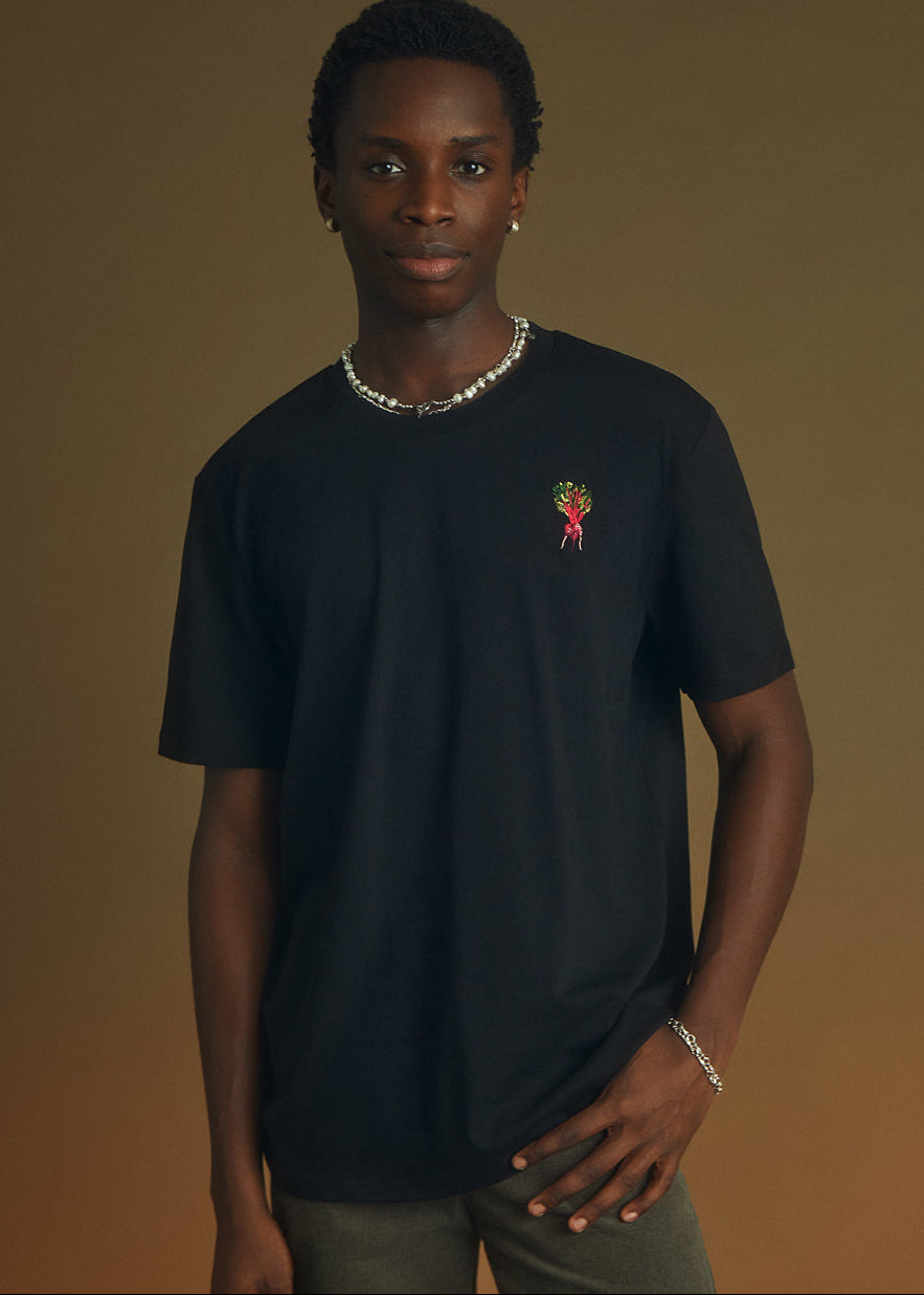 a black t-shirt with a beetroot embroidery on the chest