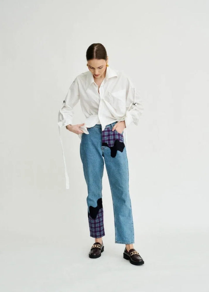 
                  
                    Bobby Melt Plaid High Waisted Organic Mom Fit Patchwork Jeans
                  
                