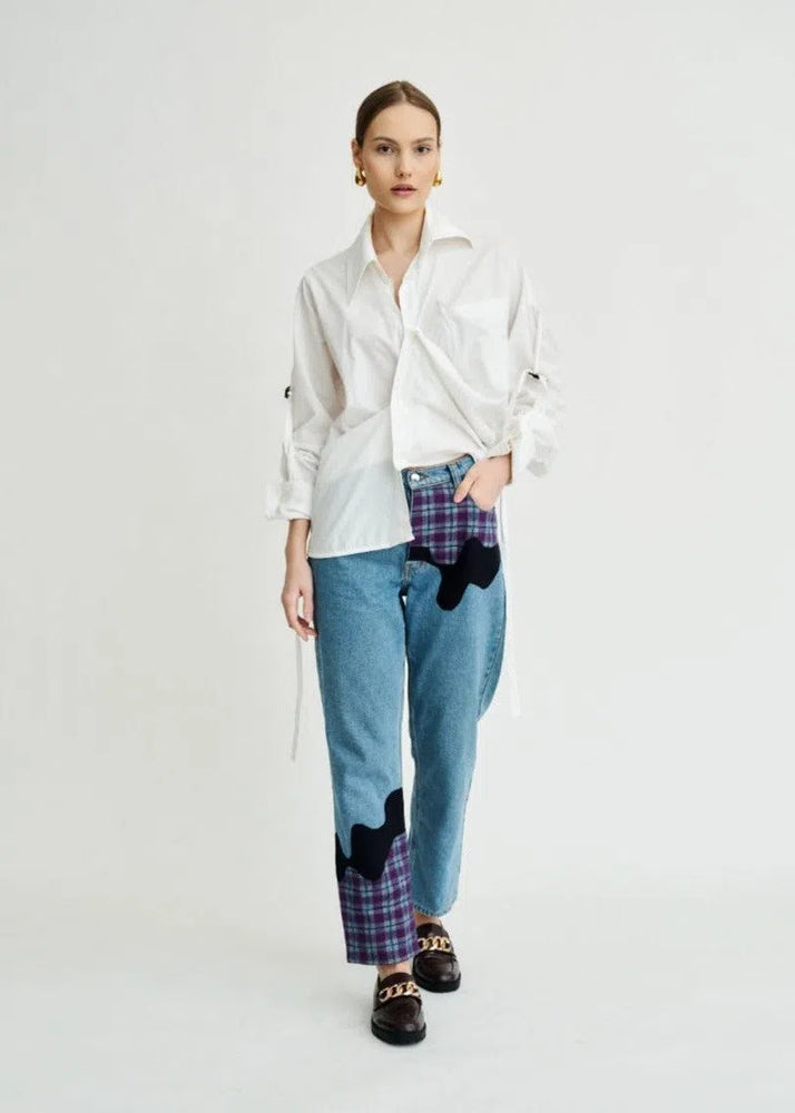 
                  
                    Bobby Melt Plaid High Waisted Organic Mom Fit Patchwork Jeans
                  
                