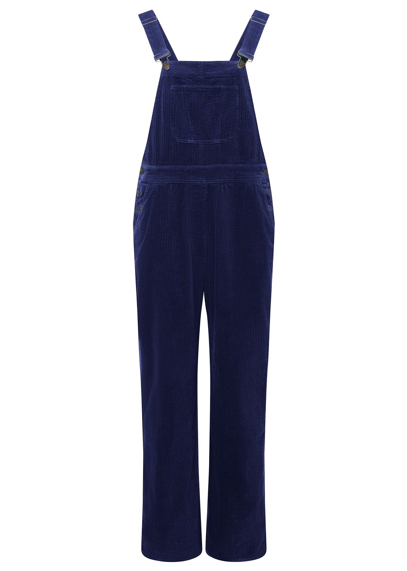 Navy blue corduroy overalls on a white background