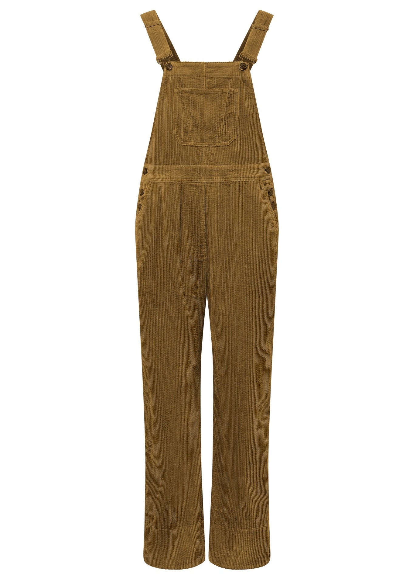 Brown corduroy overalls on a white background