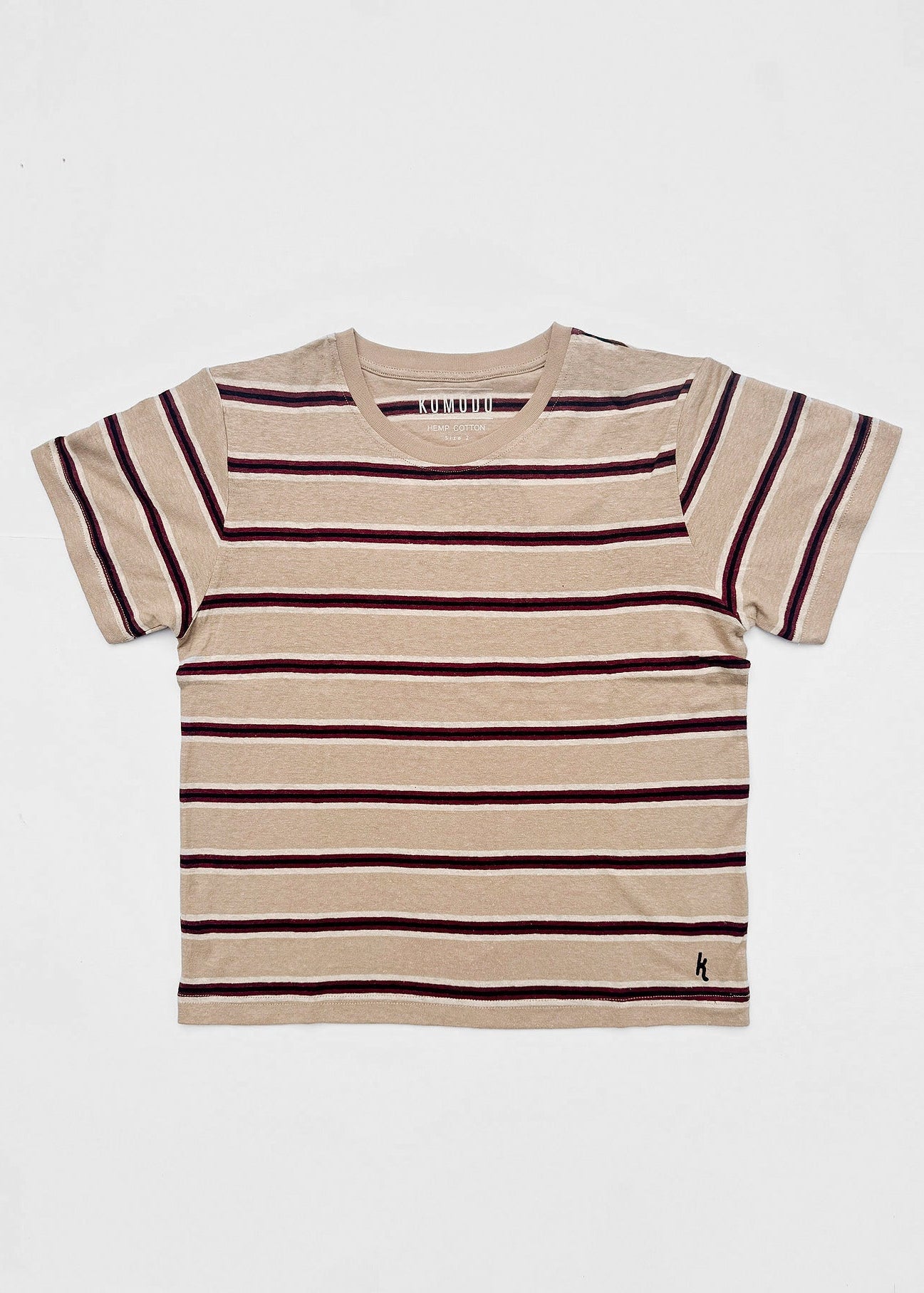 Beige and brown striped t-shirt on a white background