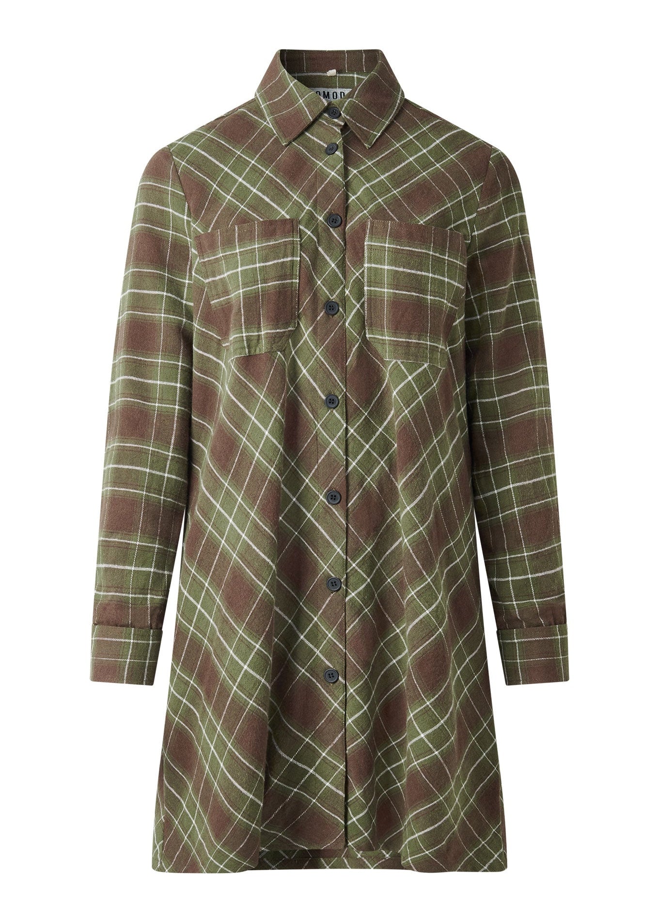 Plaid coat with green and brown pattern on a white background