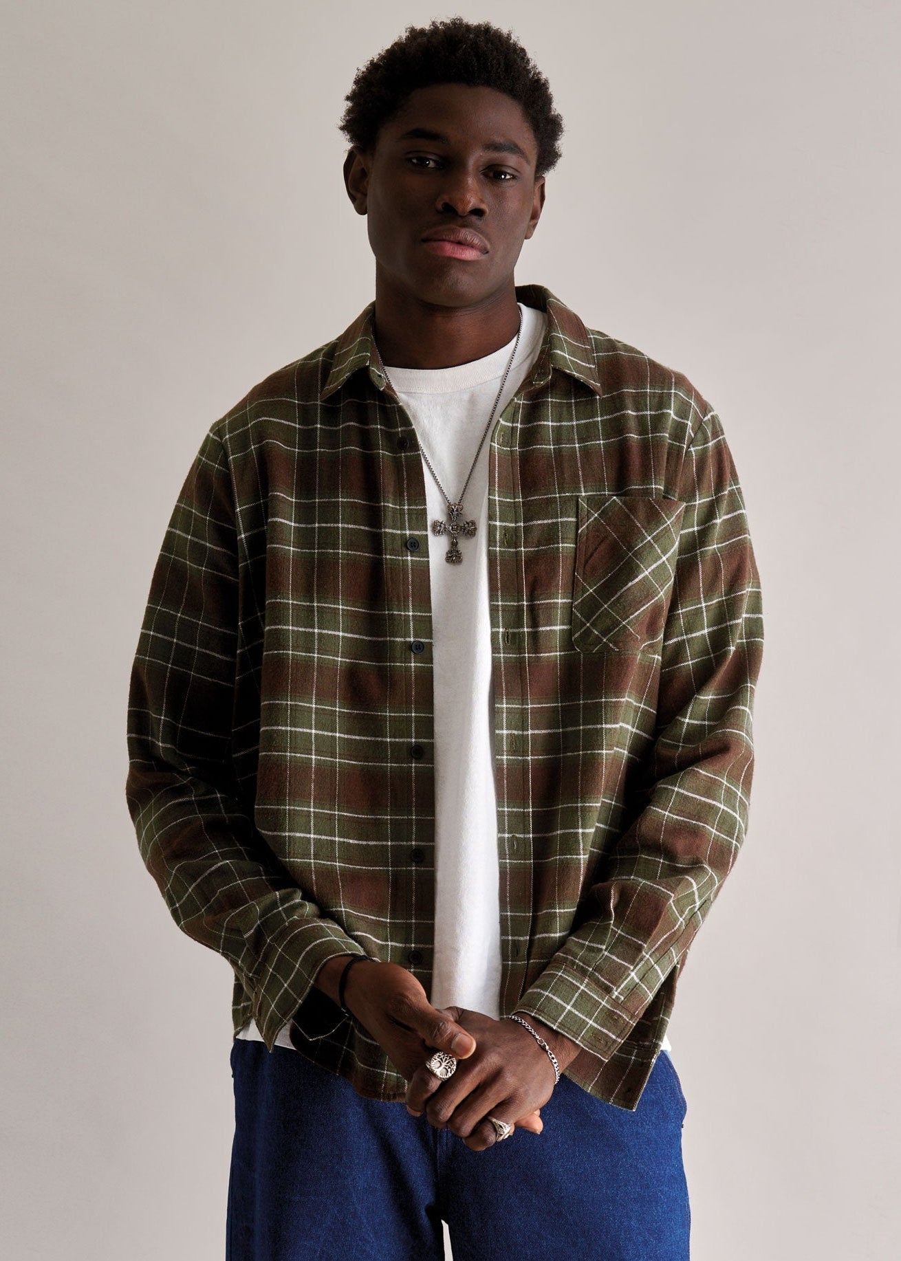Person wearing a plaid shirt over a white sweater with blue pants against a plain background