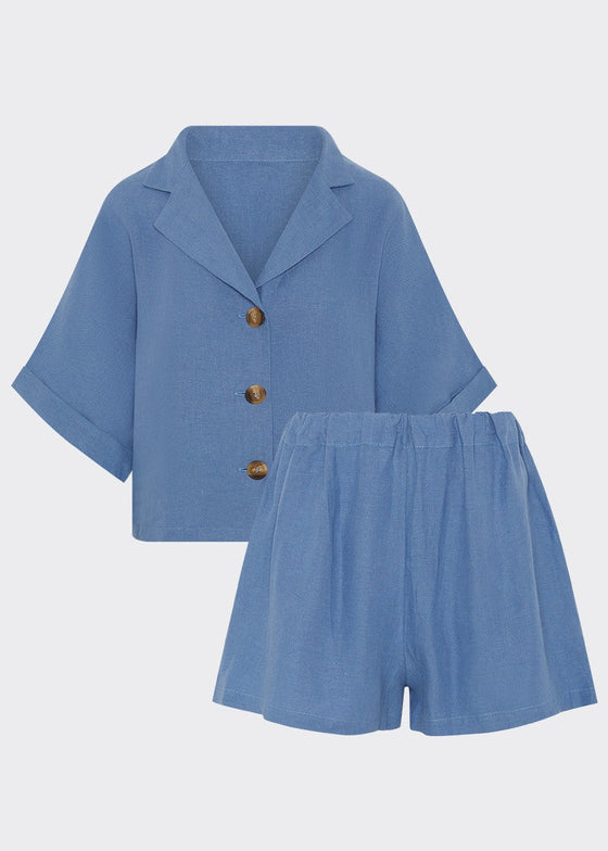 Cornflower Blue Linen Shorts and Shirt Set