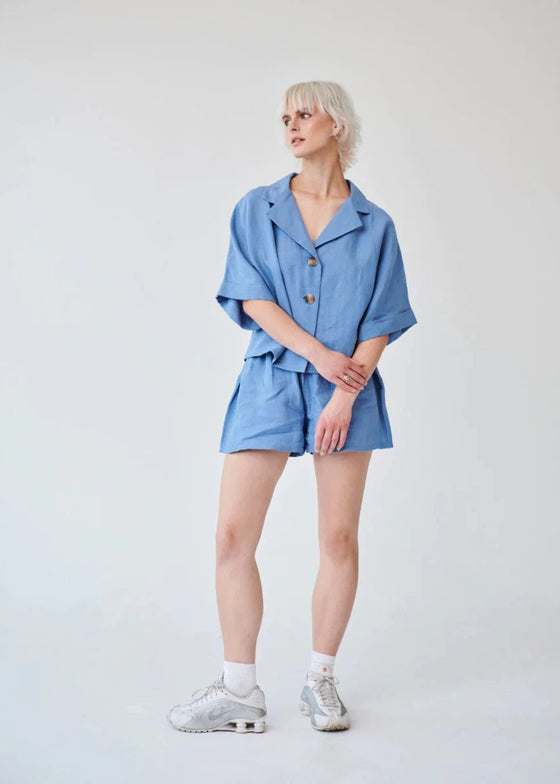 Cornflower Blue Linen Shorts and Shirt Set