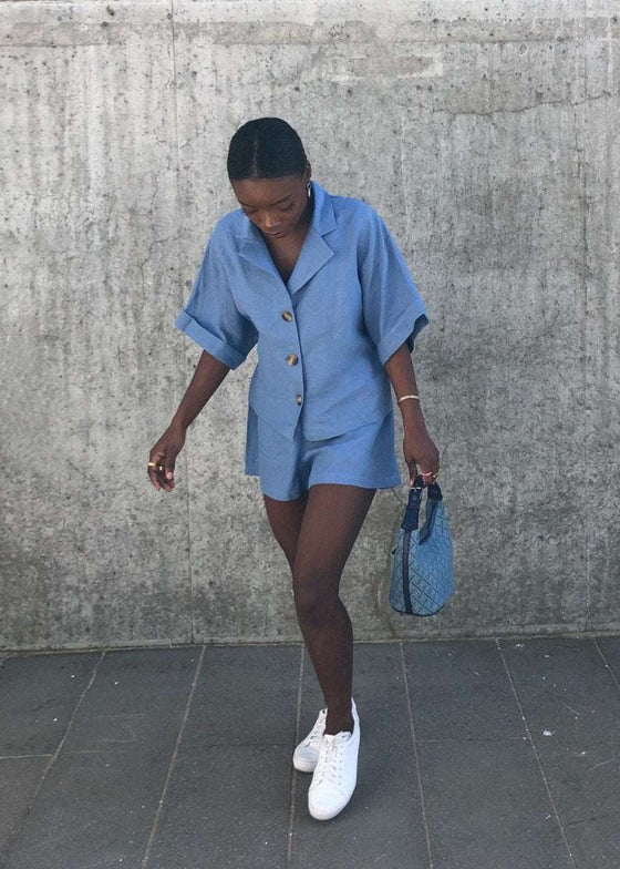 Cornflower Blue Linen Shorts and Shirt Set