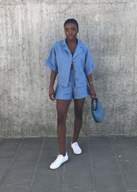 Cornflower Blue Linen Shorts and Shirt Set