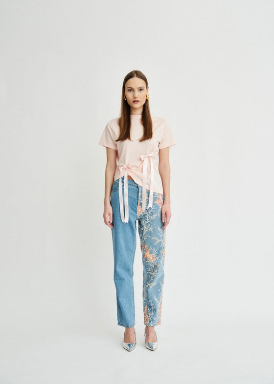 Delia Floral High Waisted Organic Mom Fit Embroidered Jeans