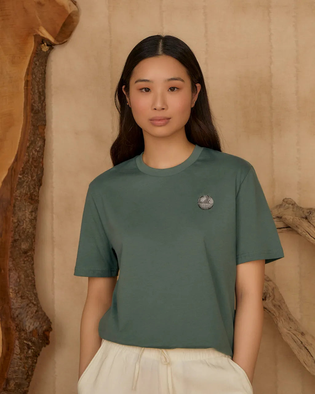 Disco Ball Embroidered Organic Cotton T-Shirt Green
