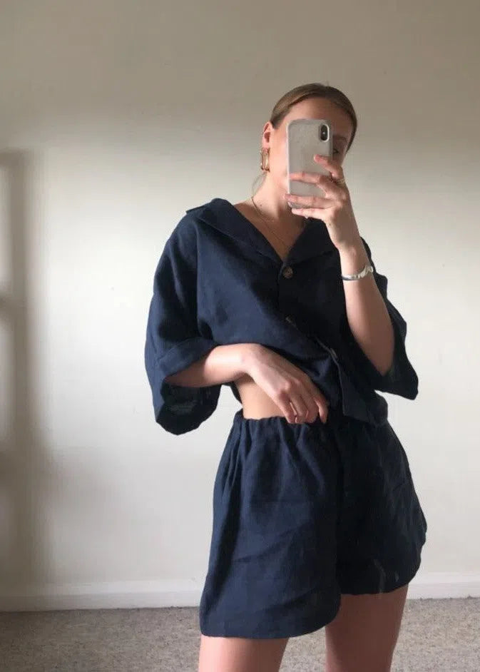 
                  
                    Ethically Made Navy Linen Lounge Co-ord Short Set
                  
                