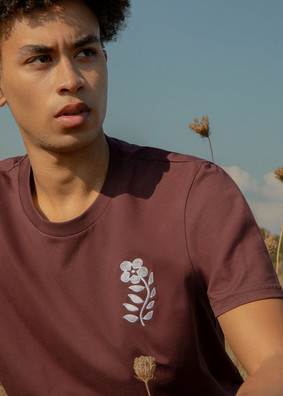 Men's Floral Embroidered Organic Cotton T-Shirt - Burgundy