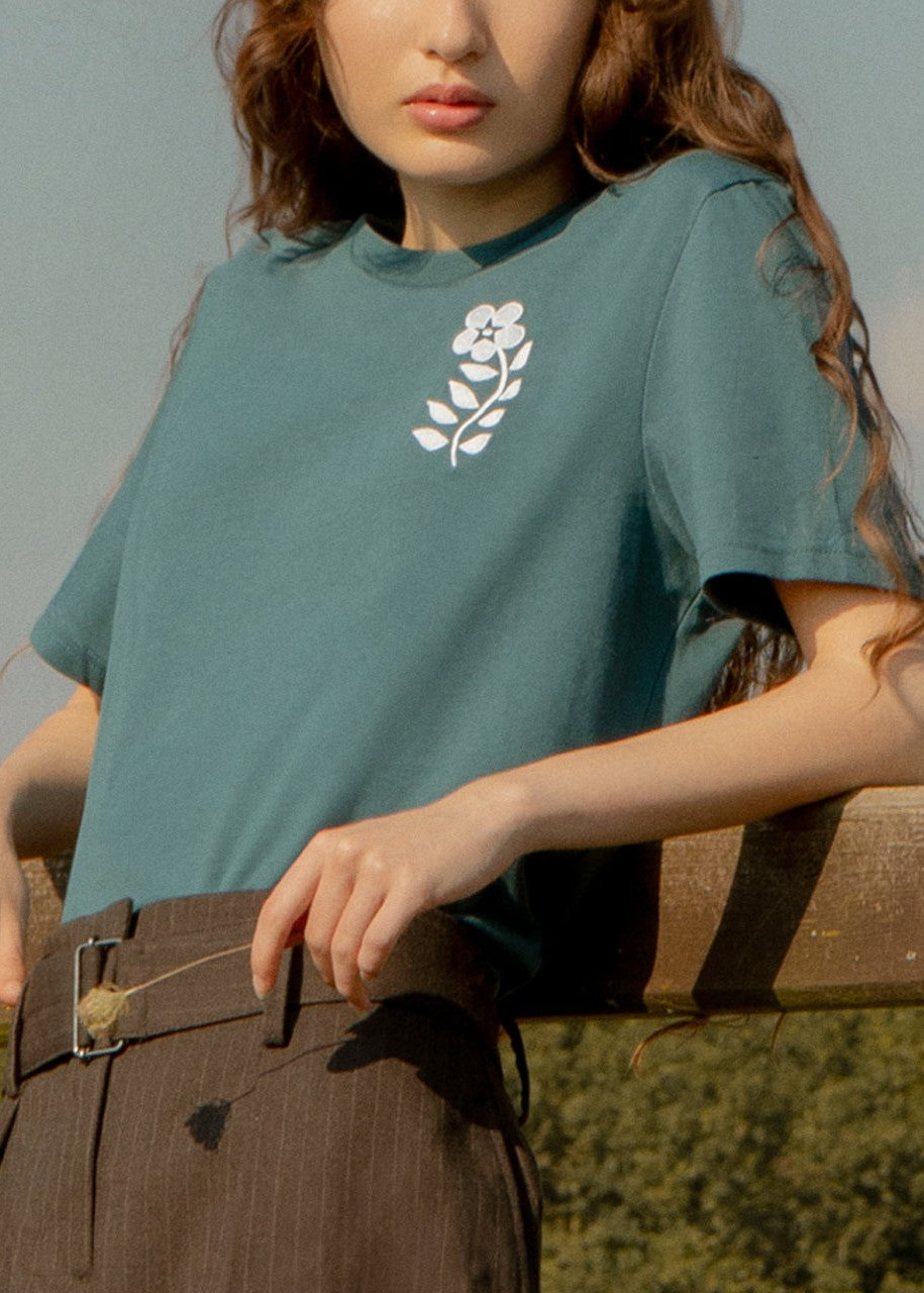 Women's Floral Embroidered Organic Cotton T-Shirt - Teal