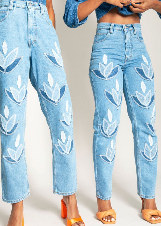 High Waisted Organic Mom Fit Denim Leaf Jeans