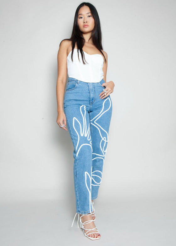 High Waisted Organic Mom Fit Floral Trim Jeans