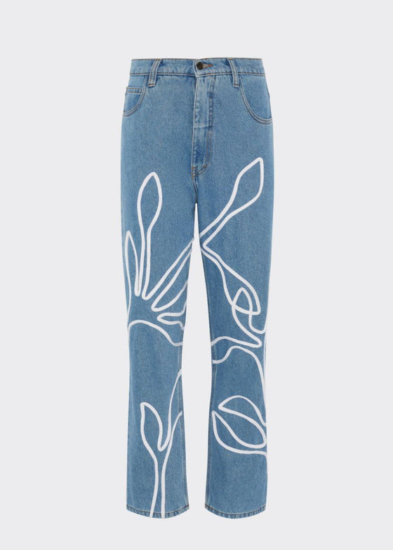 High Waisted Organic Mom Fit Floral Trim Jeans