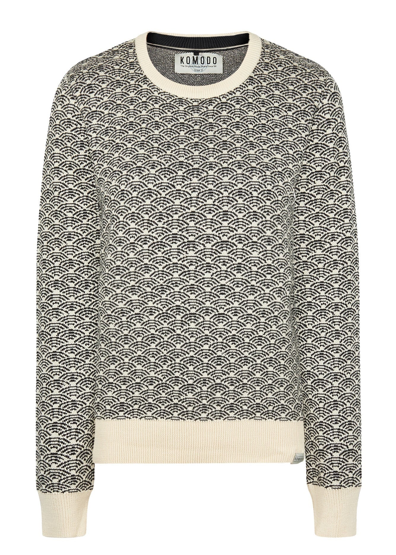 Patterned sweater with white trim on a white background