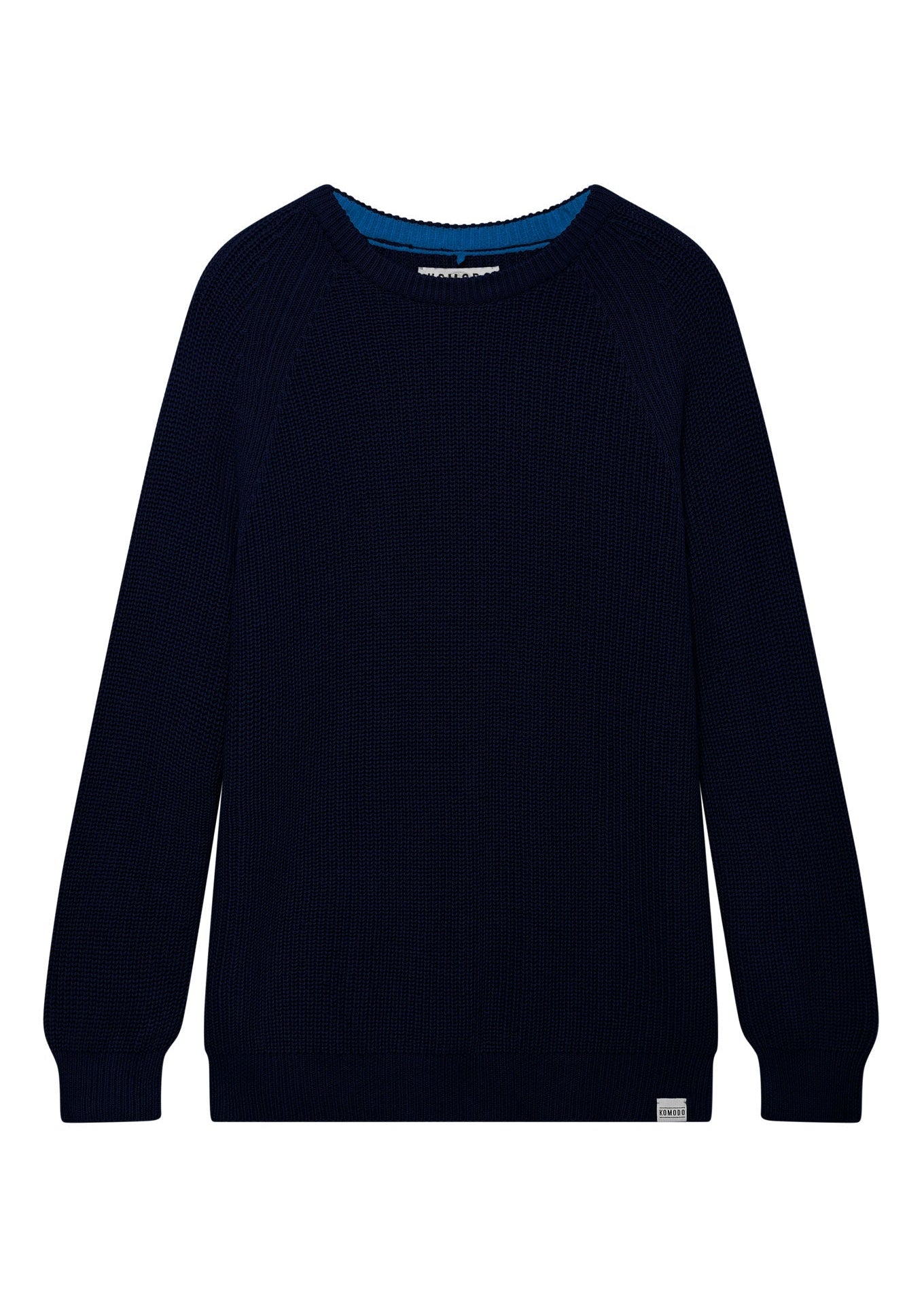 Black sweater with a blue collar on a white background