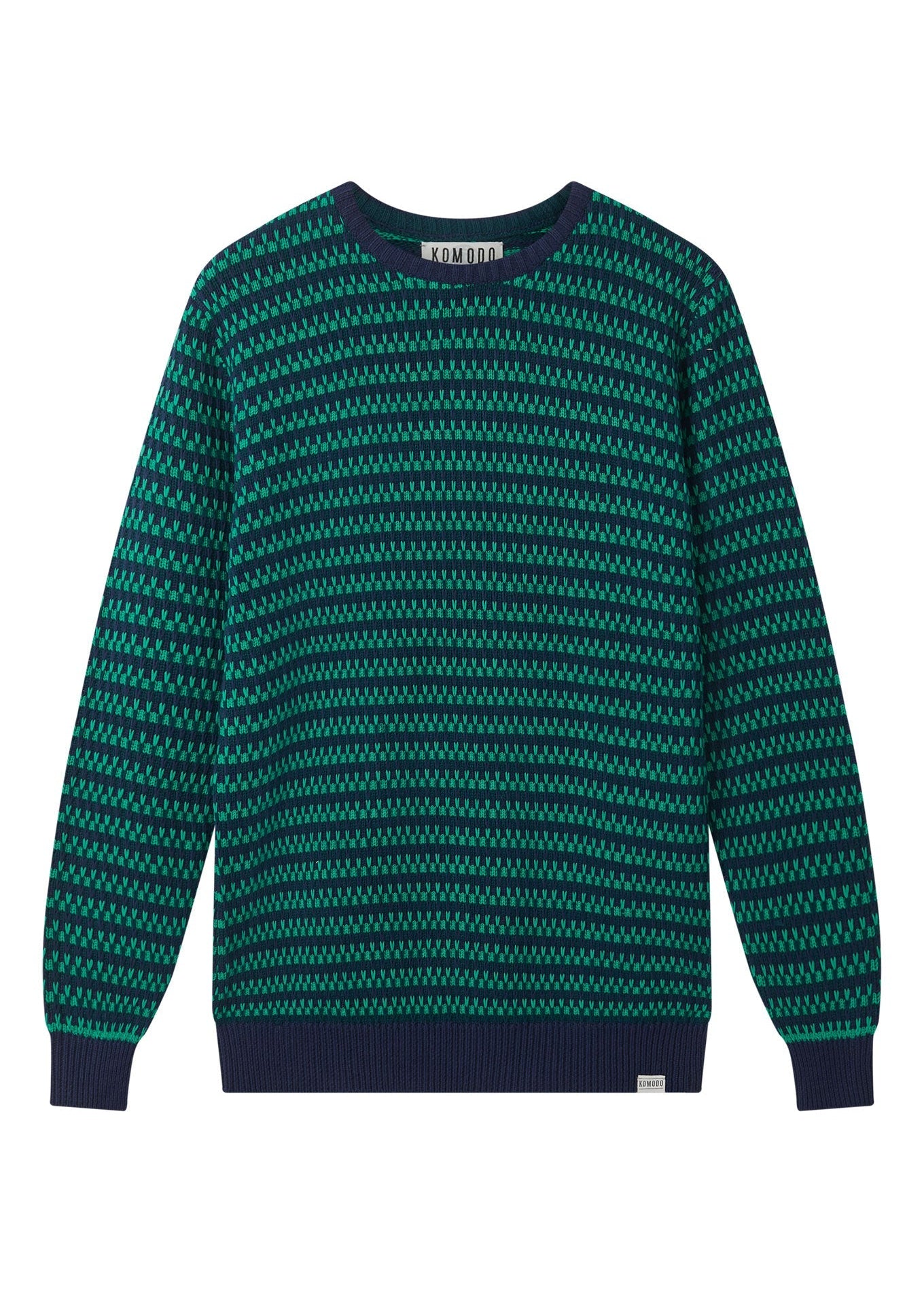 Green and navy patterned sweater on a white background