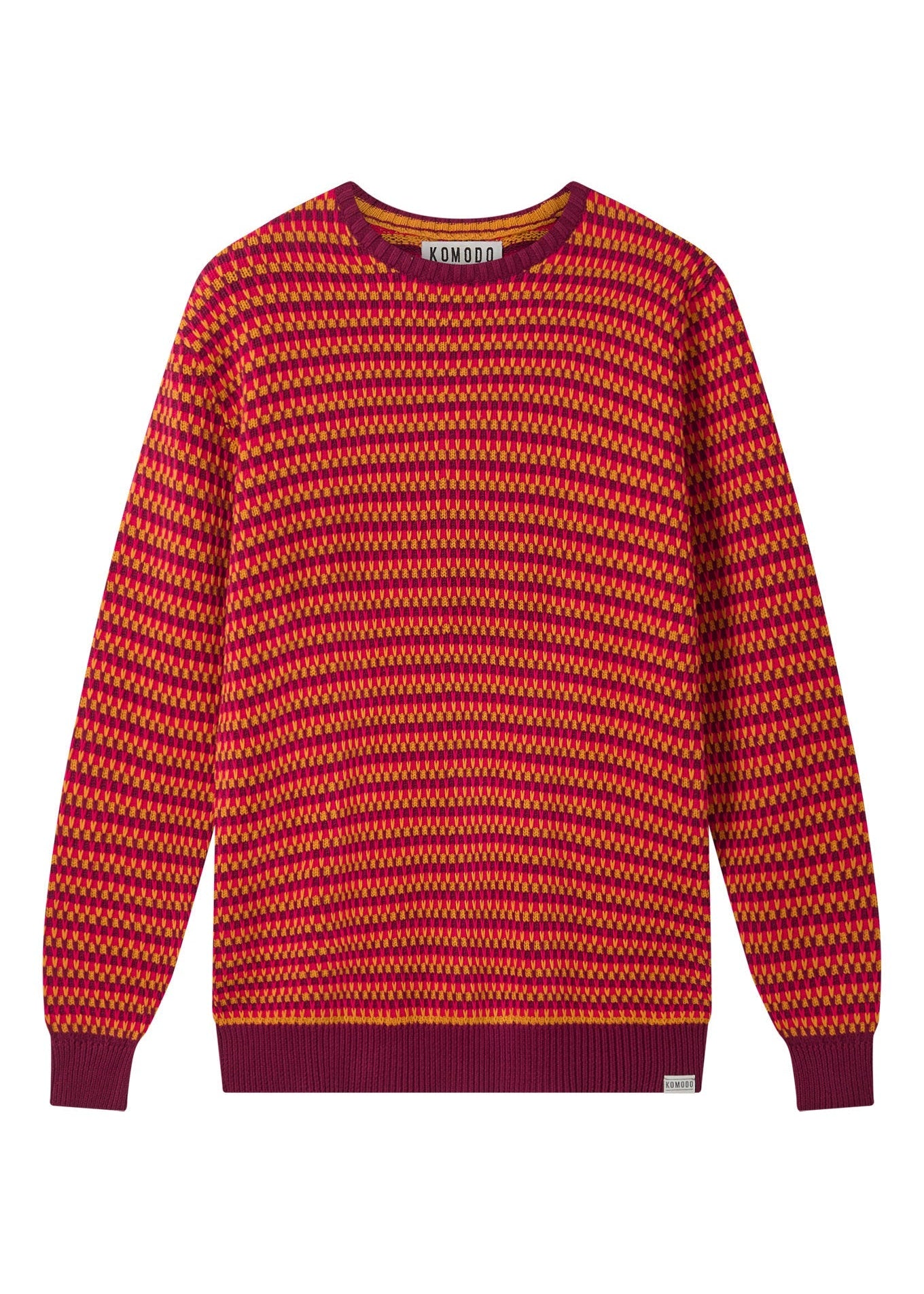 Red and yellow patterned sweater on a white background