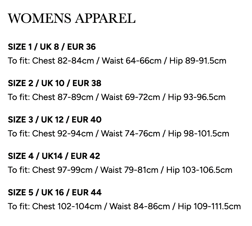 Size chart for women's apparel with measurements in chest, waist, and hip dimensions.
