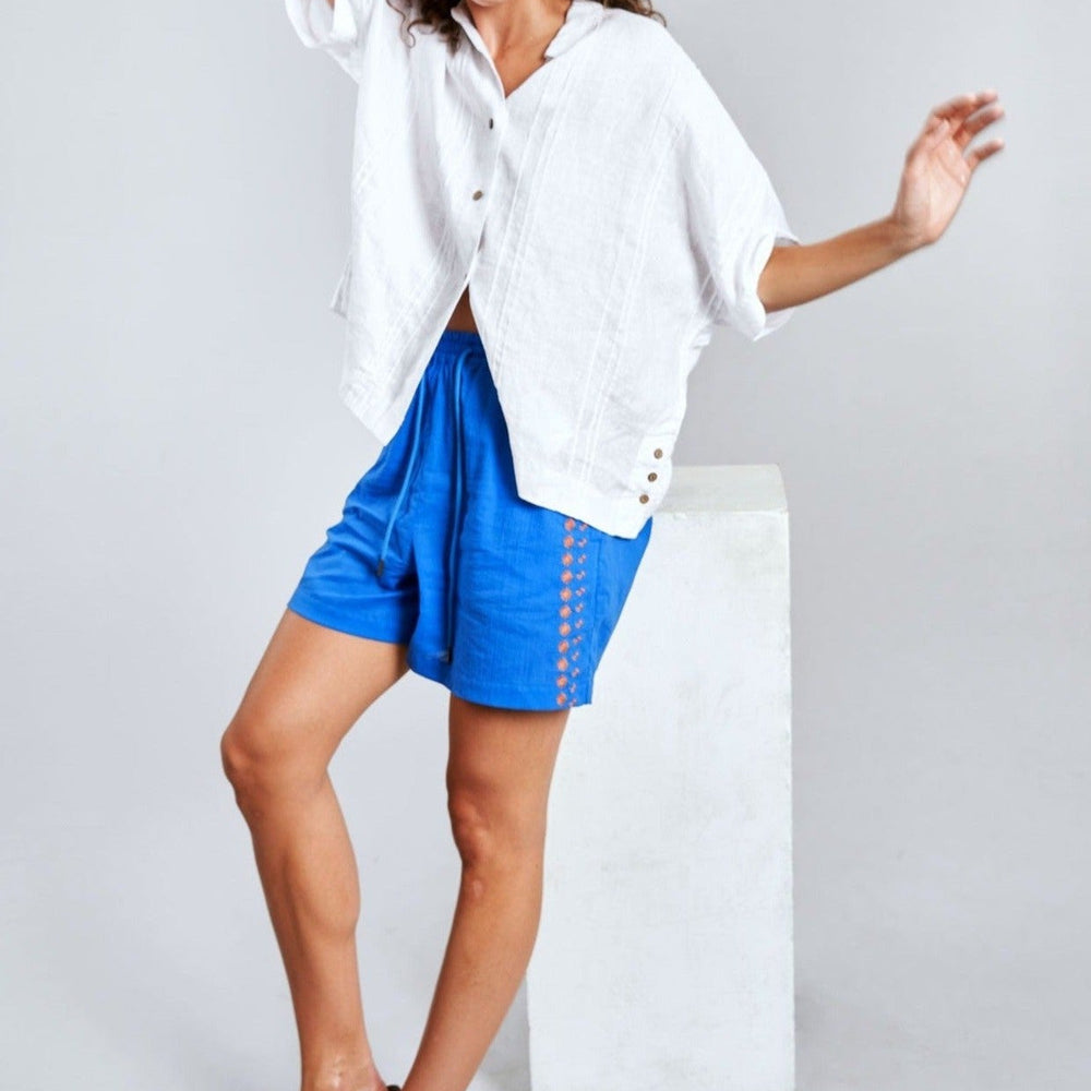 LEAH - Organic Cotton Embroidery Shorts Sapphire Blue