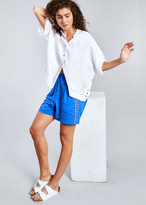 LEAH - Organic Cotton Embroidery Shorts Sapphire Blue