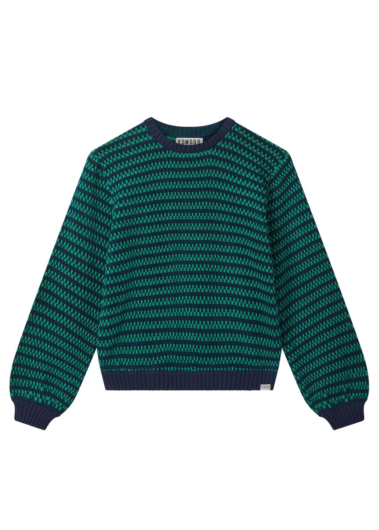 Green and navy patterned sweater on a white background