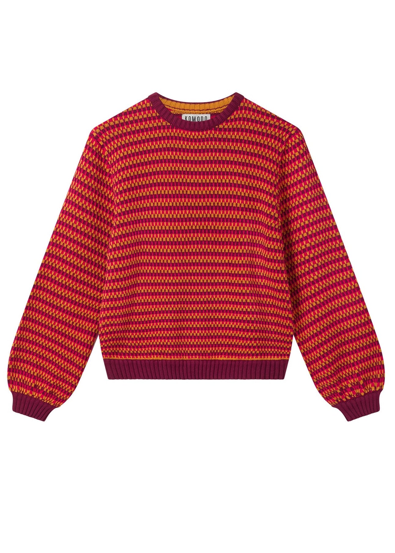 Red and purple striped sweater on a white background