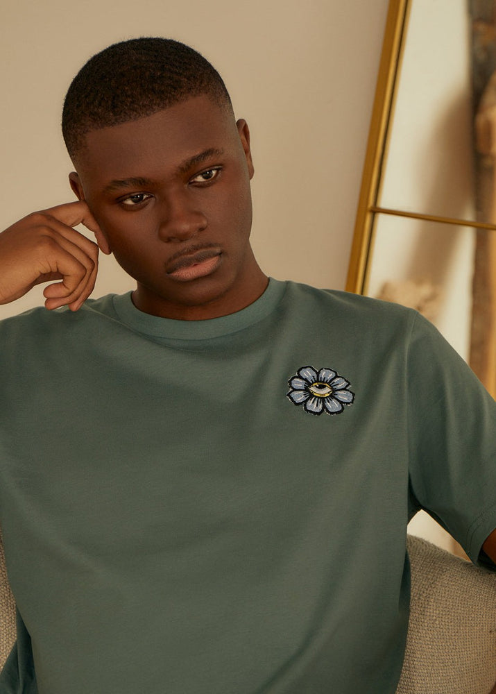 Men's Blue Eyed Flower Upcycled Appliqué T-Shirt - Green