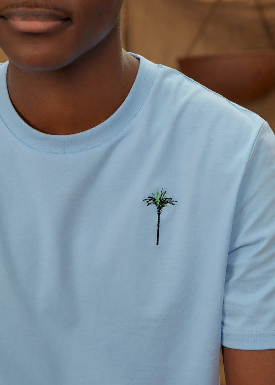 Palm Embroidered Organic Cotton T-Shirt Blue