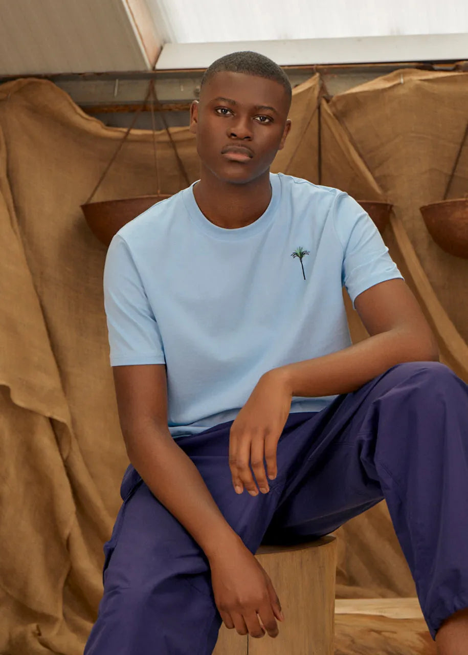 Palm Embroidered Organic Cotton T-Shirt Blue