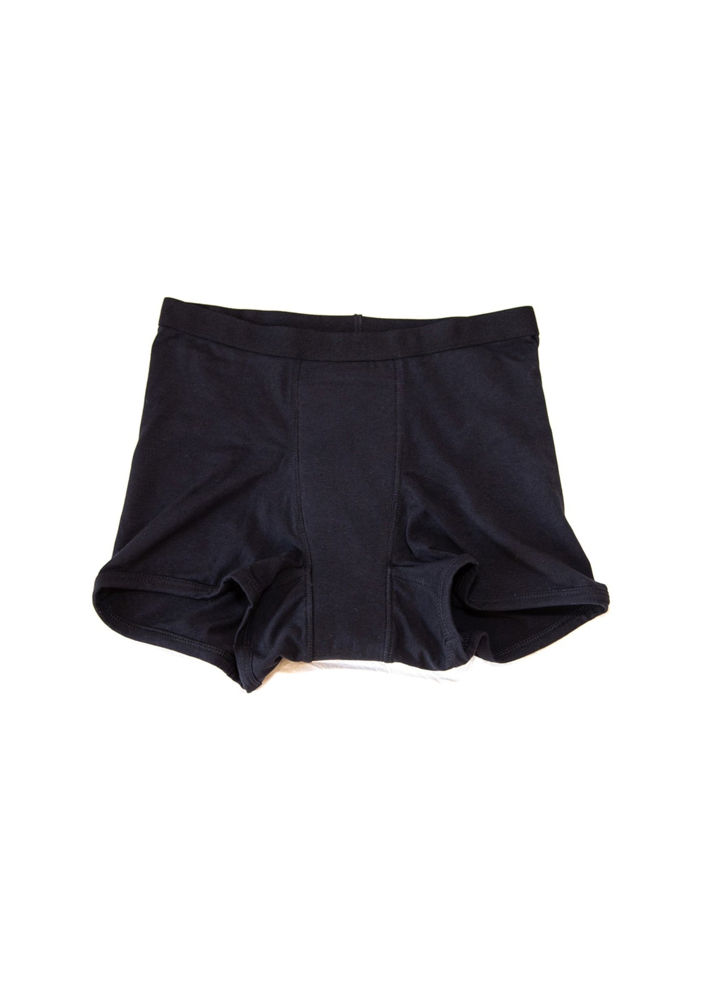 Black swim shorts on a white background