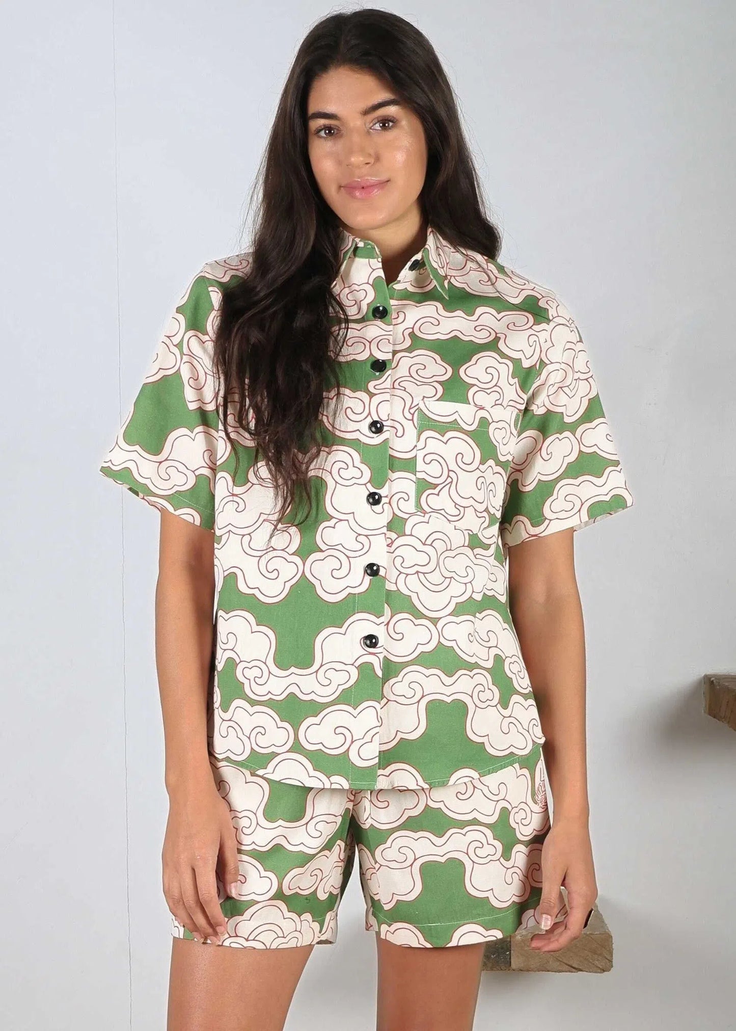 Organic Cotton & Linen Green Clouds Cuban Shirt