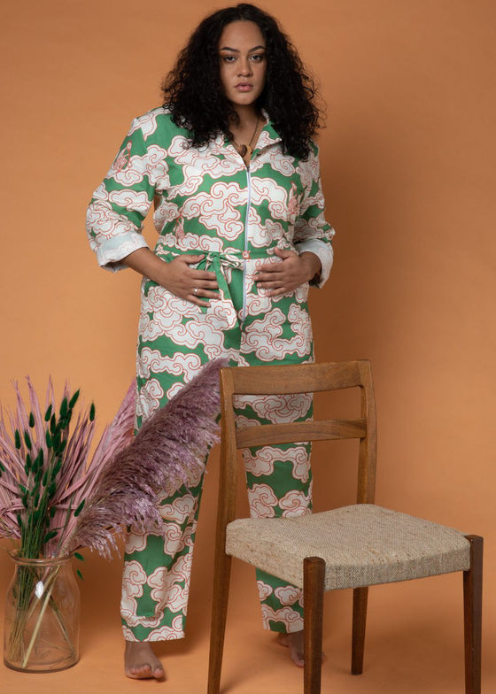 Organic Cotton & Linen Green Clouds Jumpsuit