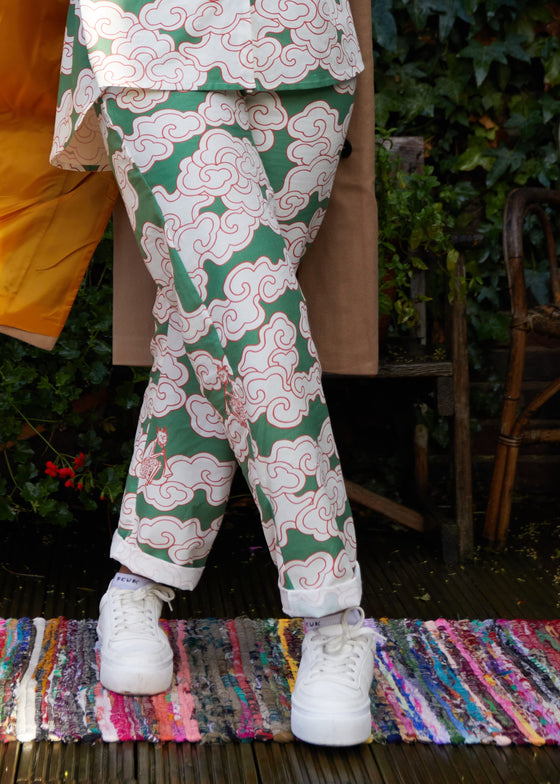 Organic Cotton & Linen Green Clouds Trousers