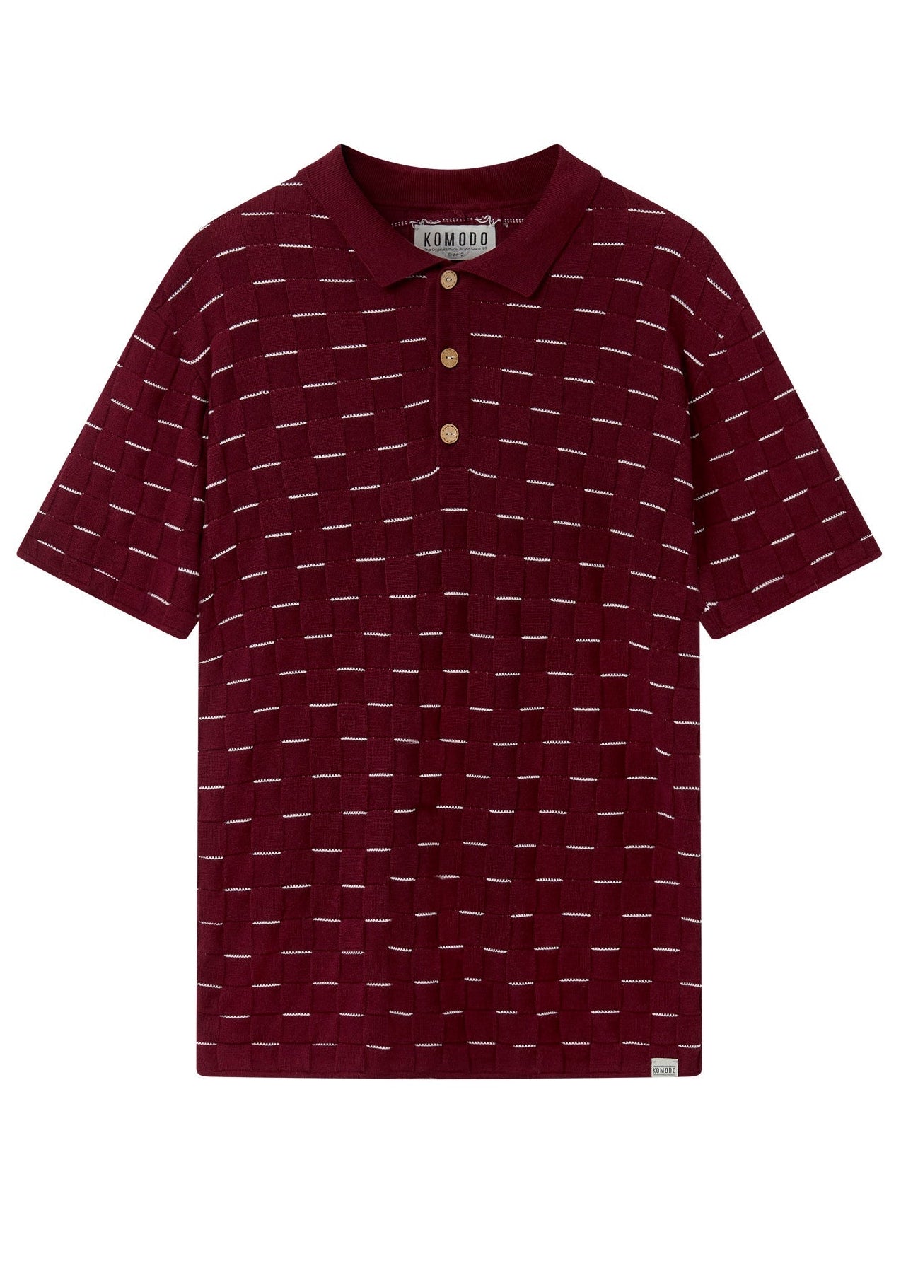 Maroon polo shirt with white pattern on a white background