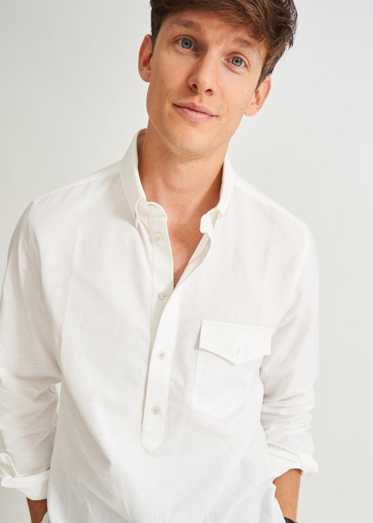 Recycled Italian White Oxford Modern Button-down Popover Shirt