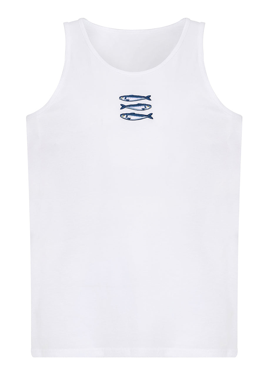 a man wearing a tank top with embroidery on