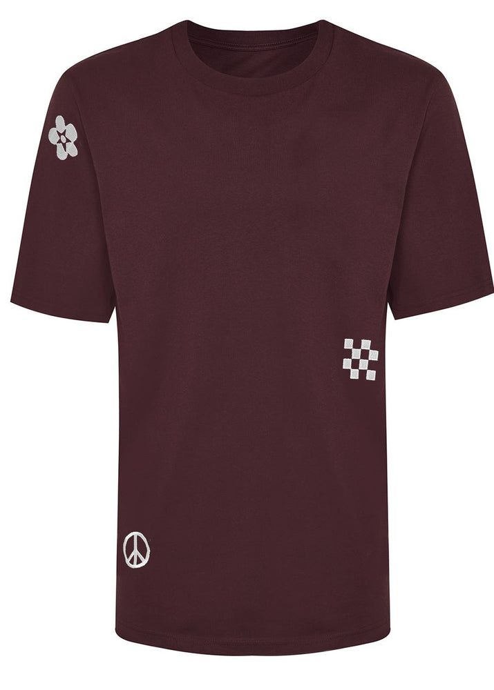 Women's Symbols Embroidered Organic Cotton T-Shirt - Burgundy