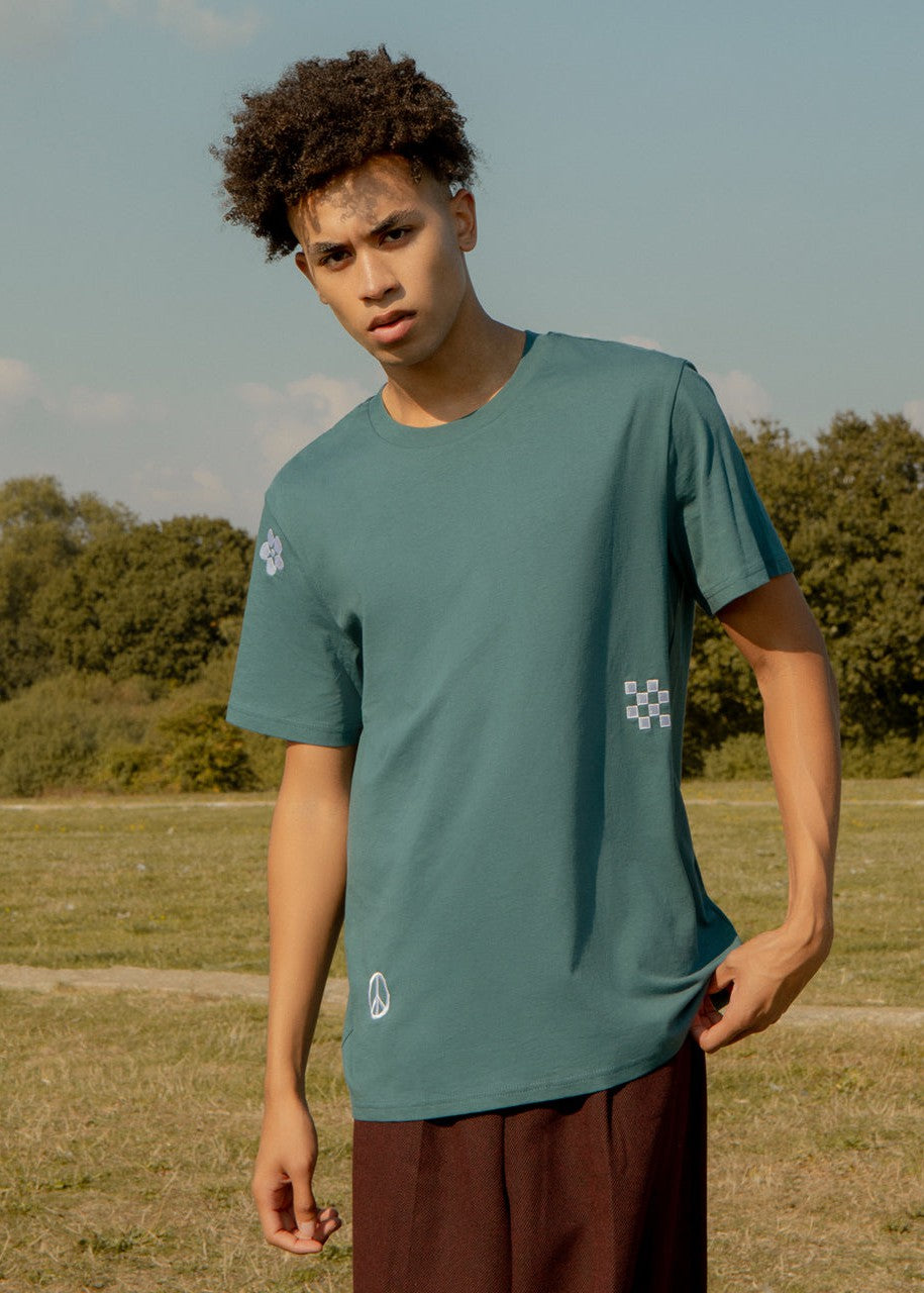 Men's Symbols Embroidered Organic Cotton T-Shirt - Teal